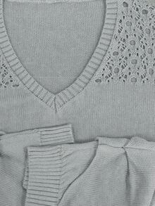 SHEIN Franclia Atasan Rajut Kasual Lengan Pendek Motif Berongga Warna Polos untuk Wanita - Grey - View 6
