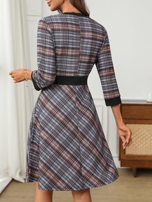EMERY ROSE Plaid Tweed A-Line Dress With Bow Detail & Contrast Trim, Round Neck 3/4 Sleeve Fit & Flare Mini Dress For Work Fall - Multicolor - View 2