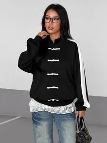 Flirla Casual Versatile Chinese Style Frog Button Cardigan Stand Collar Black & White Contrast Fashion Women's Jacket - Black and White - View 6