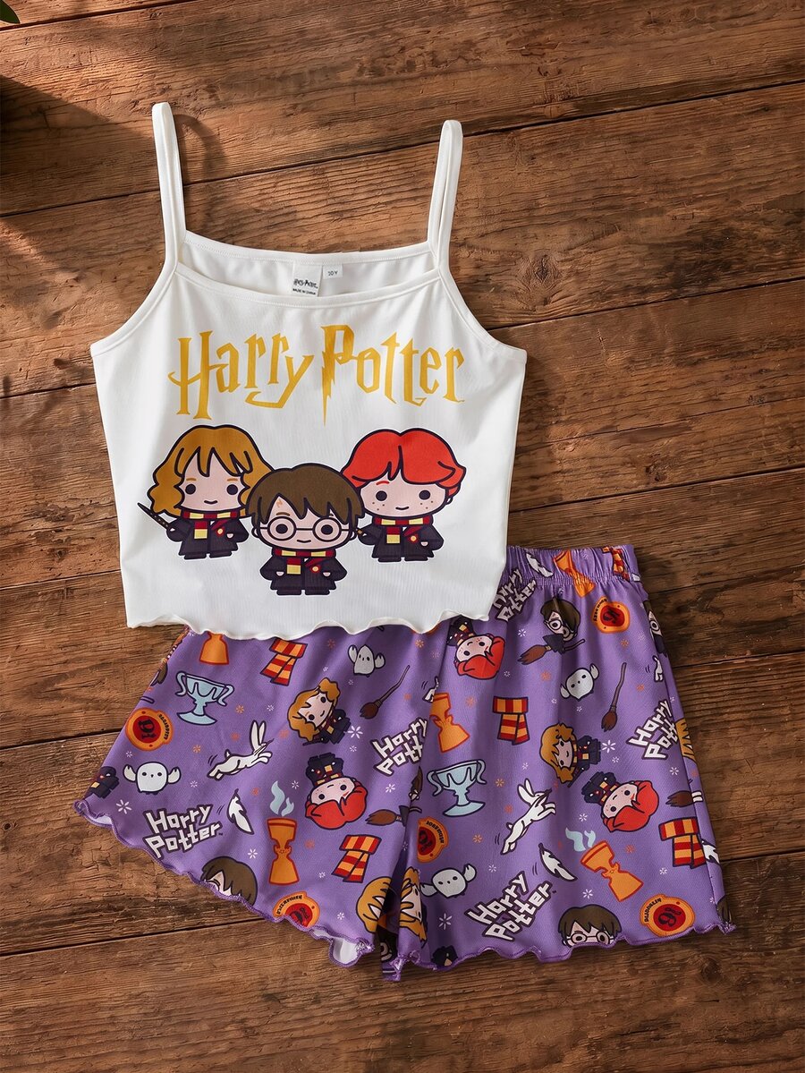 HARRY POTTER X SHEIN 青少年女孩細肩帶上衣與短褲家居服套裝 - 淡紫色 - 查看 1