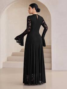 Graceveil Black Flocked Abstract Mesh Round Neck Button-Up Flare Sleeve Elegant High-End Long Dress - Black - View 2