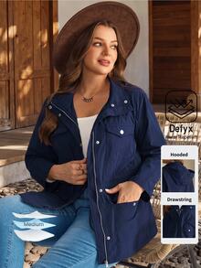 EMERY ROSE Áo khoác trench có mũ kéo khóa trước màu xanh đậm size lớn cho nữ, mùa thu - Màu xanh lam - Xem 2