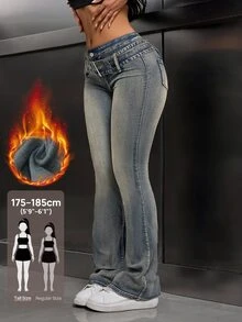 SHEIN Tall 女款休閒日常牛仔褲，附口袋與鈕扣設計 - 藍色 - 查看 1