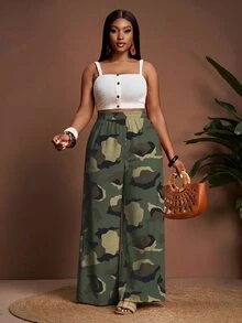 Slaydiva Plus Size Women's Camouflage Casual Wide Leg Pants For Daily Wear - Multicolor - View 4