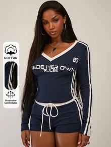 SHEIN BAE Autumn/Winter Navy Blue & White Colorblock Letter Print Long Sleeve T-Shirt And Shorts Sports Set - Navy Blue - View 4