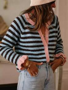 SHEIN Women's Striped Colorblock Casual Daily Cardigan - Blue - View 3