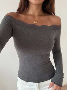 DAZY 女款露肩方領修身長袖極簡性感休閒內搭套頭優雅T恤 - 黑色 - 查看 6