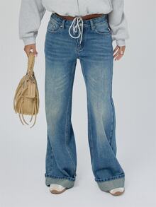 MUSERA Washed Mid Rise Turn Up Hem Loose Fit Jeans Fall Autumn Winter Coolgirl Back To School Blancs - Dark Wash - View 2