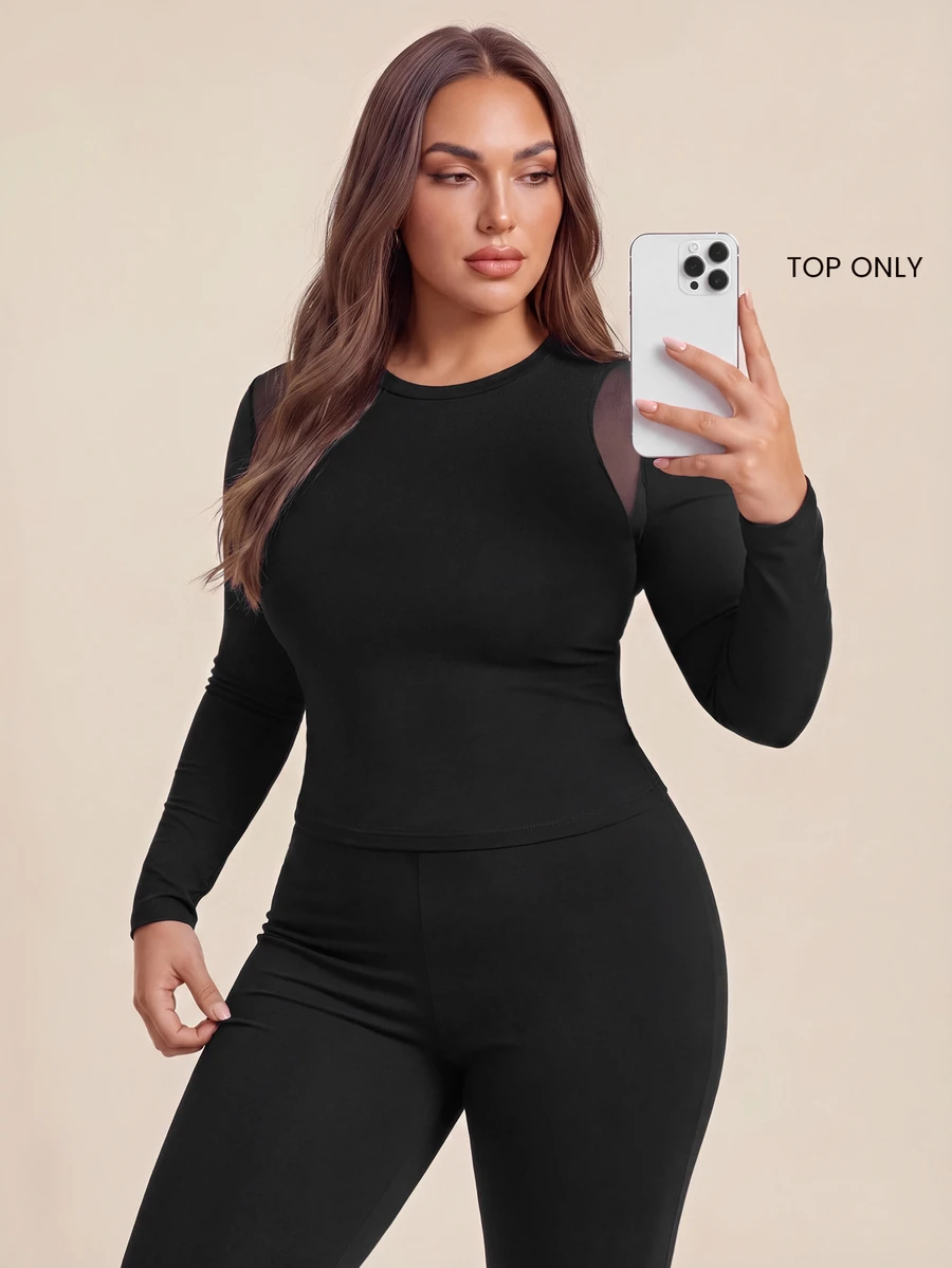 SHEIN Dewbera Women's Plus Size Solid Color Contrast Mesh Long Sleeve Sports T-Shirt - Black and White - View 1