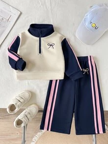 SHEIN 2件組幼女運動衫長褲套裝，甜美海軍藍奶油粉蝴蝶結側條紋長袖四分之一拉鍊修身款，生日秋季冬季芭蕾造型 - 藏蓝色 - 查看 6