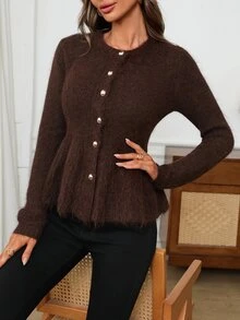 EMERY ROSE Women Flared Hem Fuzzy Knit Cardigan, Round Neck Button Down Sweater - Brown - View 5
