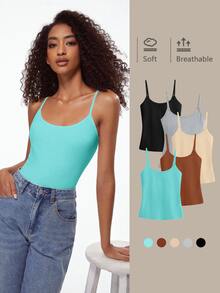 SHEIN BASICS 1件女款純色修身休閒細肩帶背心上衣 白色上衣 - 薄荷綠 - 查看 9
