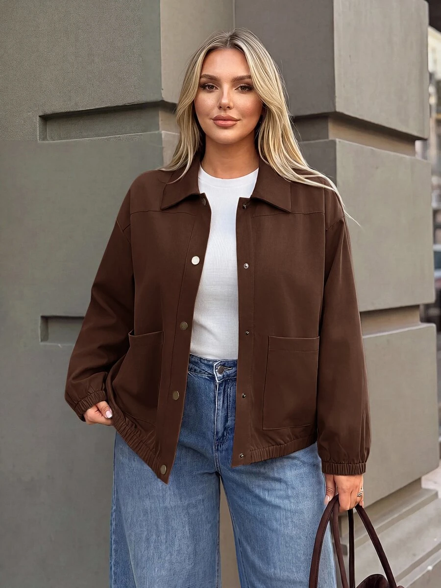 Auralis Plus Size Women Solid Color Single-Breasted Casual Jacket - Chocolate Brown - View 1