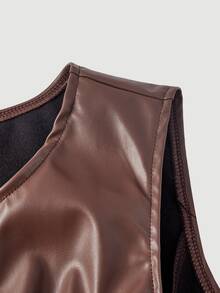 SHEIN MOD Plus size svart höst-väst i PU med asymmetrisk design, metallknappsdekor, pendlarkläder, old money-stil, för ung kvinna, kontorsoutfit - Brun - Visa 4