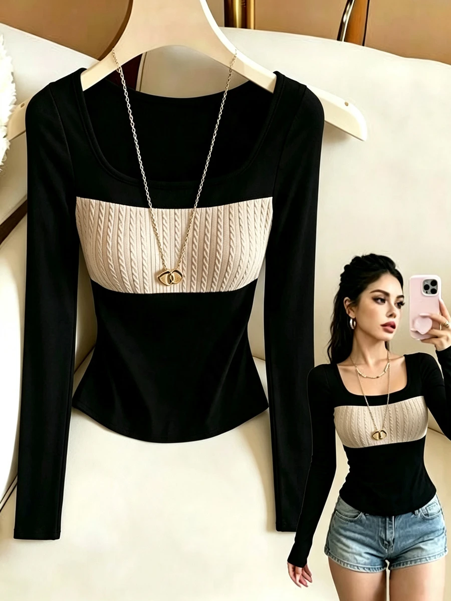 SHEIN Franclia Women's Square Neck Long Sleeve Knit T-Shirt, Fitted Short Length Textured Patchwork Slimming Inner Layer Top - Black - View 1