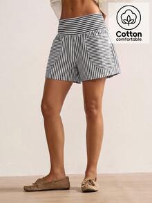 Bohemela Women's Striped Pocket Design Loose Casual Shorts - Black and White - View 2