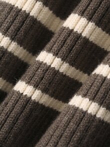 Dazy Maternity Contrast Color Striped Fitted Long Sleeve Ruched Ruffle Round Neck Casual Vacation Street Korean Style Autumn/Winter Knit Cardigan For Pregnant Women - Brown - View 7