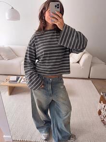SHEIN EZwear 海外長袖條紋圖案印花T恤，大尺碼圓領長袖上衣，適合日常通勤、聚會、秋冬春夏、聖誕節、新年、感恩節、派對、婚禮、海灘、畢業典禮、優雅、外出、約會、通勤、情人節、優雅、度假、Y2K、畢業典禮等 - 彩色 - 查看 6