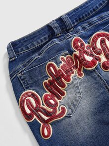 ROMWE Y2K 女款秋冬復古水洗牛仔褲，格紋刺繡，街頭風 - 彩色 - 查看 4