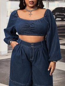 Slaydiva Randig långärmad kort denimtopp med veck för kvinnor i plus size, utan stretch - Mörktvätt - Visa 4