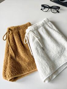 Comfortcana Women's Solid Color Drawstring Waist Pocket Plush Shorts - Multicolor - View 3