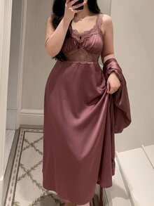 Dazy Plus Contrast Lace Elegant Long Nightgown & Long Cardigan Robe, Spring/Autumn New Red Sleepwear Set - Red Violet - View 3
