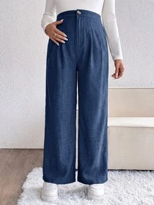 SHEIN 孕婦純色百褶寬腿鬆身長褲休閒款 - 藍色 - 查看 5