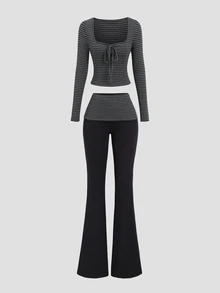 Sweetra Early Autumn Slim Fit Striped Square Neck Long Sleeve Top And Cropped Flare Pants 2 Pieces Set, Versatile Drapey Style - Black - View 3