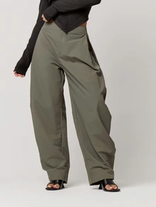 Musera Petite Grey Nylon Balloon Leg Button Hem Pleat Trouser Autumn Winter Back To School Daily Everyday - Dark Green - View 4
