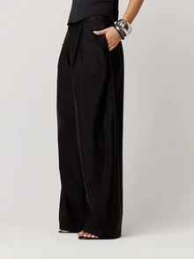 Musera Petite Black Pleated Wide Balloon Leg Suit Trousers Fall Autumn Winter Back To School Daily Everyday - Black - View 2
