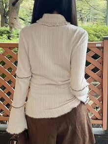 FRIFUL Women's Solid Color High Neck Bell Sleeve Casual Romantic Cute Versatile T-Shirt Brunch Apricot Autumn - Beige - View 8