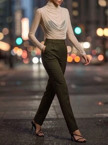 Editum 女款性感透視長袖高領上衣，彈性網紗抓皺設計，適合晚宴、約會、工作與日常穿著，黑色 - 杏色 - 查看 4