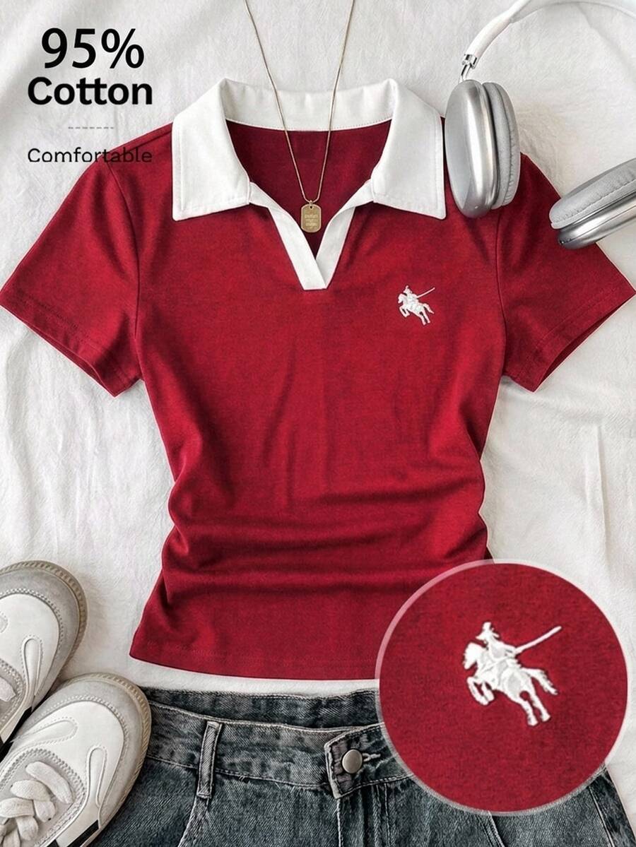 Attitoon 女款休閒拼色 Polo 領短袖 T 恤，日常穿著 - 紅色 - 查看 1