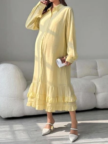 Dazy Maternity فستان حمل كاجوال بلون موحد فضفاض بأكمام طويلة وتفاصيل كشكشة مطوية، مناسب للعطلات، ربيع/خريف - أصفر - مشاهدة 7