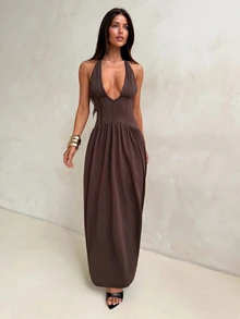 Aloruh Coffee Brown Party Ball Halter Neck Tie Deep V-Neck Boning Seam Waist Cinched Ruched Extra Long Dress For Women - Coffee Brown - View 5