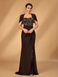 Serin Elegant Chocolate Brown Stretch Sequin Tulle Sheer Sweetheart Cape Ruched Draped Ruffle Slit Mother Of The Bride Wedding Guest Autumn Evening Gown - Coffee Brown - View 6