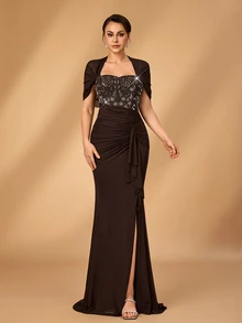 Serin Elegant Chocolate Brown Stretch Sequin Tulle Sheer Sweetheart Cape Ruched Draped Ruffle Slit Mother Of The Bride Wedding Guest Autumn Evening Gown - Coffee Brown - View 1