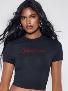MUSERA Black Diamante Graphic Crop Top Fall Winter Halloween Sexy Going Out Y2k - Black - View 1