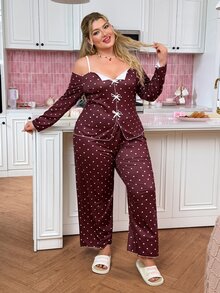 Slumberry CURVE طقم بيجامة نسائي مقاس كبير بطبعة قلب من قماش محبوك بأكمام طويلة وبنطال طويل - ابيض واحمر - مشاهدة 5