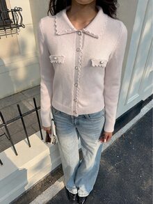 FavEase Women's Autumn/Winter Casual Youthful Horizontal Pocket Lace Patchwork Knit Cardigan - Pink - View 4