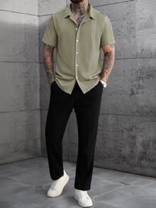 SLATEMANN Solid Color Knit Jacquard Men's Short Sleeve Shirt - Green - View 5
