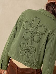 Bohemela Jaket Denim Tenun Polos Kasual untuk Wanita, Potongan Pas Badan - Hijau Tentara - View 8