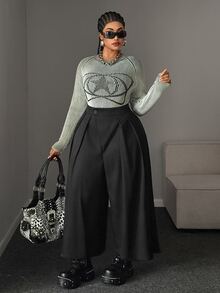 Maweii Plus Size Black High Waist Pleated Wide Leg Suit Pants - Black - View 6