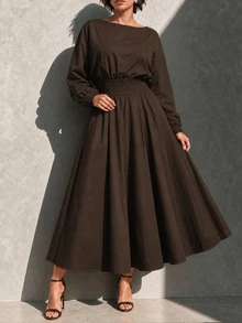 Linhara CURVE Round Neck Long Sleeve A-Line Skirt With Pockets Waist-Cinching Dress - Coffee Brown - View 4