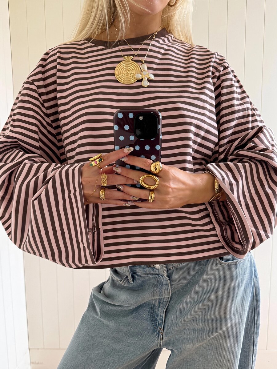 SHEIN EZwear Overseas 大尺碼長袖條紋圓領T恤,秋季上衣,適合日常通勤、聚會、秋冬春夏、聖誕節、新年、感恩節、派對、婚禮、海灘、畢業典禮、優雅、外出、約會、通勤、情人節、優雅、度假、Y2K、畢業典禮等場合 - 彩色 - 查看 1