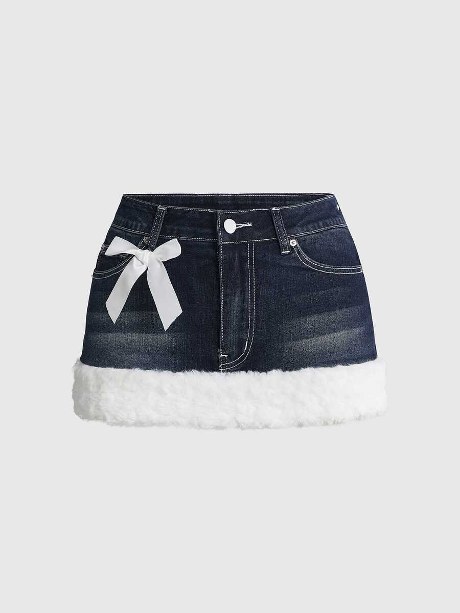 ROMWE Rok Mini Denim Patchwork Bulu Kelinci Musim Gugur/Dingin Wanita Gaya Y2K Hot Girl - MultiWarna - View 1