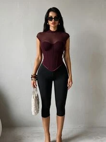SHEIN SXY Burgundy Sexy Mesh Cup Sheer Top Club Night Out Party Summer - Red Violet - View 4