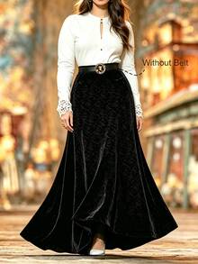 Velvienne Vintage Black Velvet Rose Embossed High Waist Mermaid Long Skirt, Slimming Flared Skirt - Black - View 1