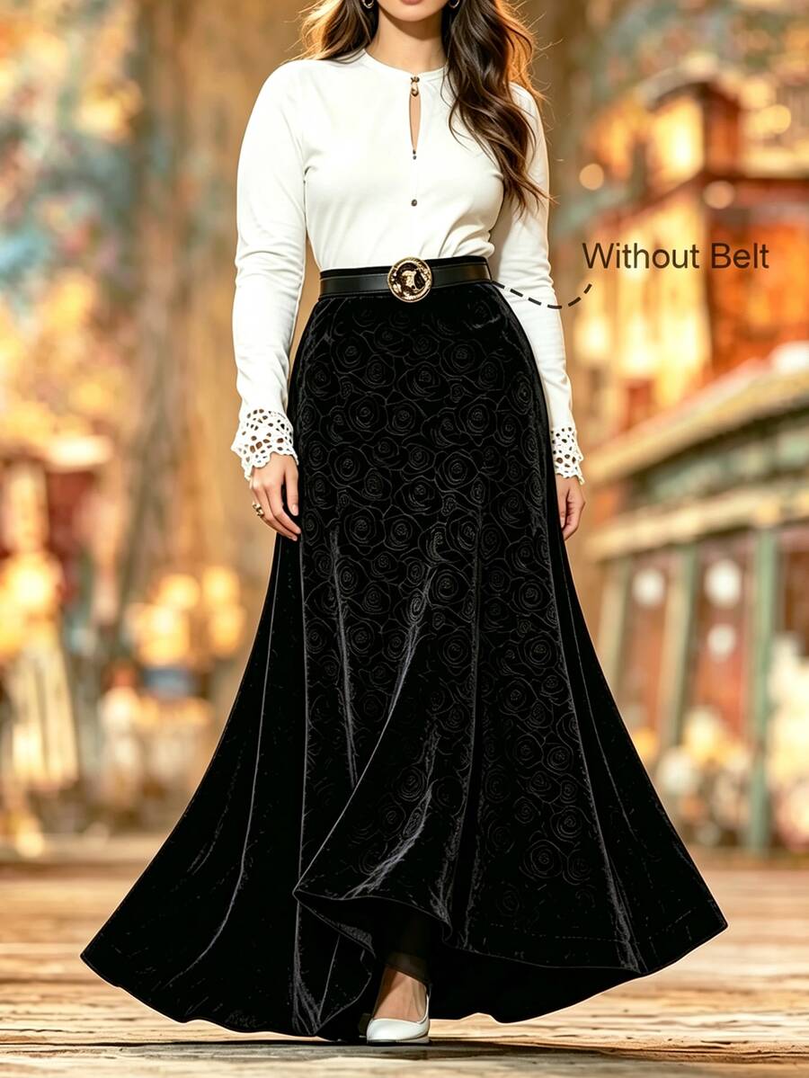 Velvienne Vintage Black Velvet Rose Embossed High Waist Mermaid Long Skirt, Slimming Flared Skirt - Black - View 1