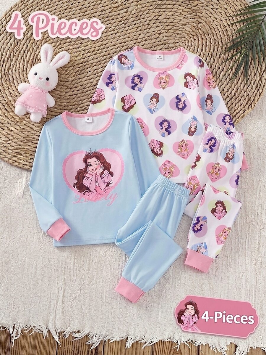 SHEIN 【隨機6款,1套發貨】女童幼兒居家睡衣套裝,長袖長褲,兔子愛心蝴蝶結波點花朵卡通印花,四季適用,居家或戶外玩耍,柔軟親膚貼身 - 彩色 - 查看 1